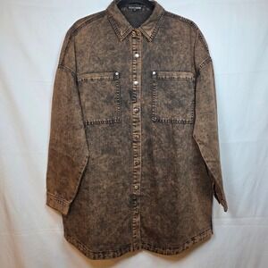 Fashion Nova Brown Acid Wash Denim Oversized Shirt Jacket Medium B21679